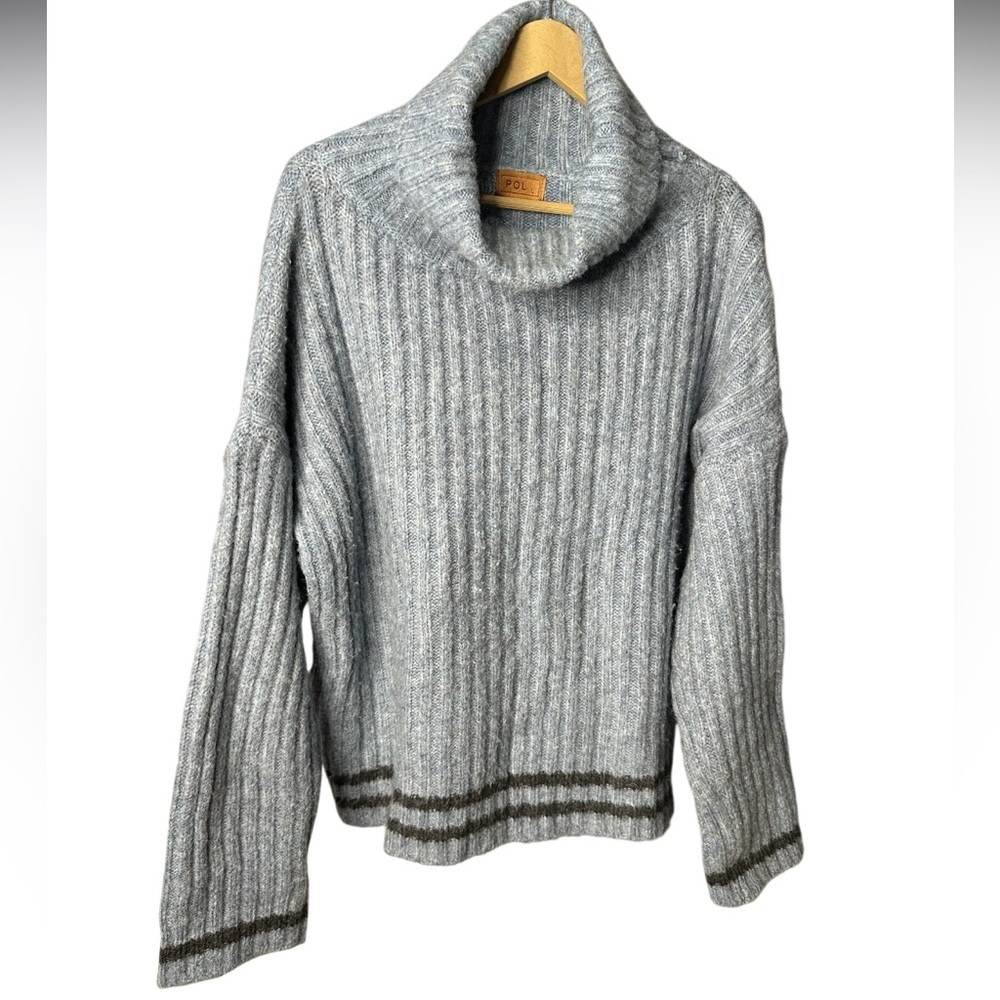 POL | Gray Ribbed Cowl Neck Sweater | Striped Hem | Size L